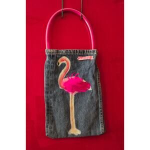Cutest Designer Denim & Feathers Pink Flamingo Hand Bag by Shirley Geek London